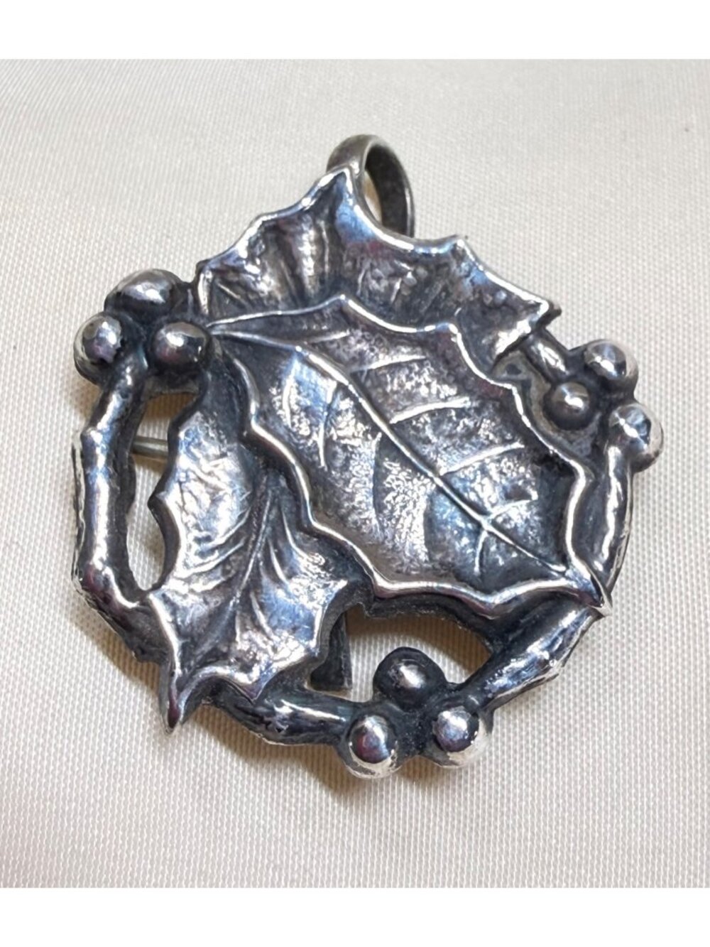 Vintage Sterling Silver Holly Leaf Brooch Pendant Christmas 1 Inch